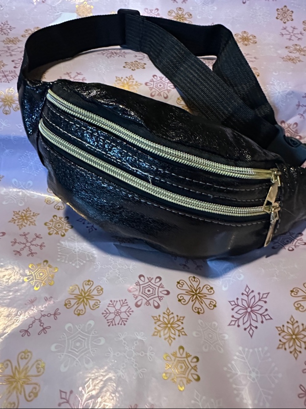 Black Women’s Crossbody Belt Bag with Gold Zippers